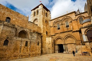 Vew on main entrance in at the Church of the Holy Sepulchre in Old City of Jerusalem
